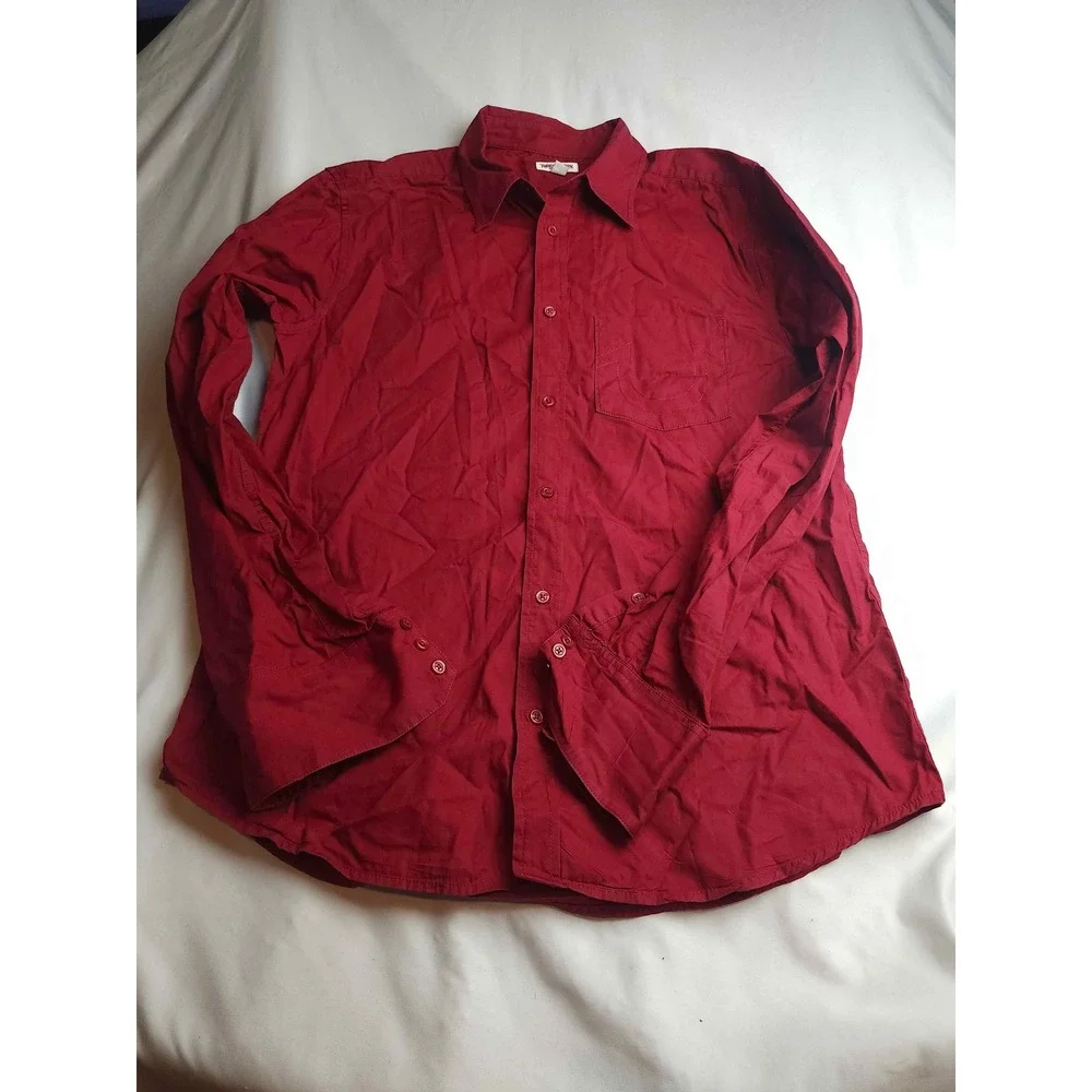 True Religion Mens Long Sleeve Button Down Shirt Red Cotton Horseshoe Pocket L